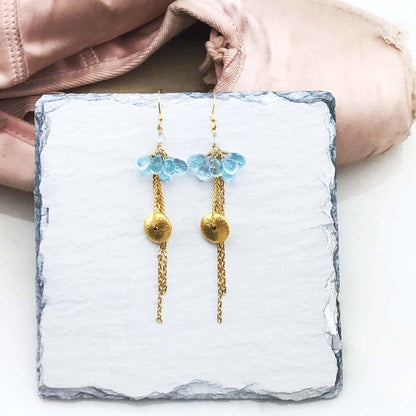 Aquamarine En Pointe Earrings handmade 14k gold plated silver ballerina design with french hooks