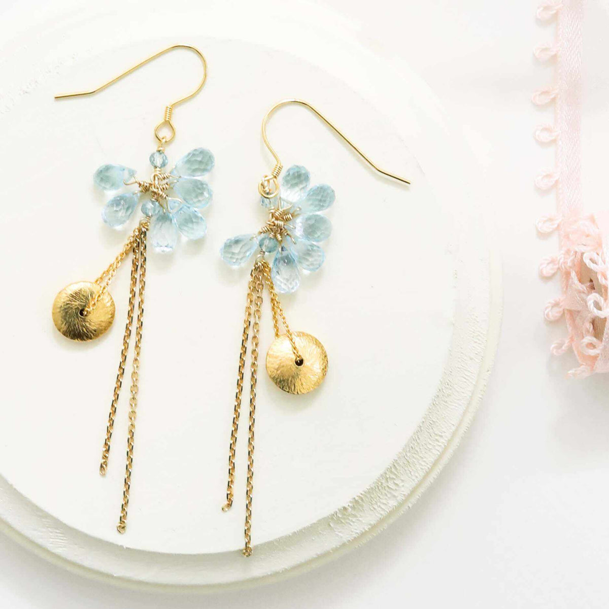 Elegant Aquamarine En Pointe Earrings with 14k gold plated silver and French hooks, 3-inch length