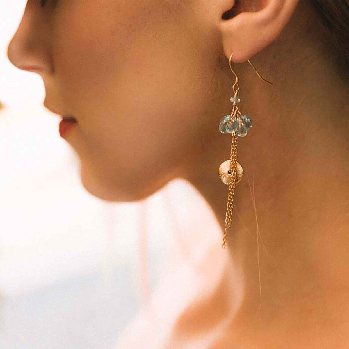 Aquamarine En Pointe Earrings with 14k gold plated silver and french hooks, 3-inch ballerina-inspired design