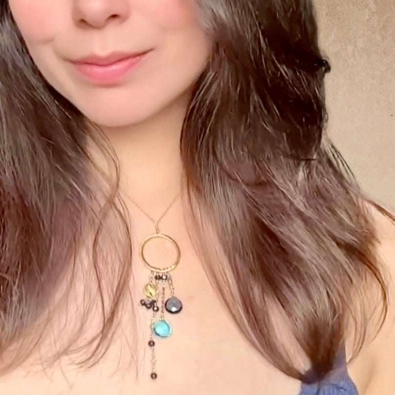 Aquamarine and Iolite Ammil Necklace with gold hoop and multi-strand gemstones