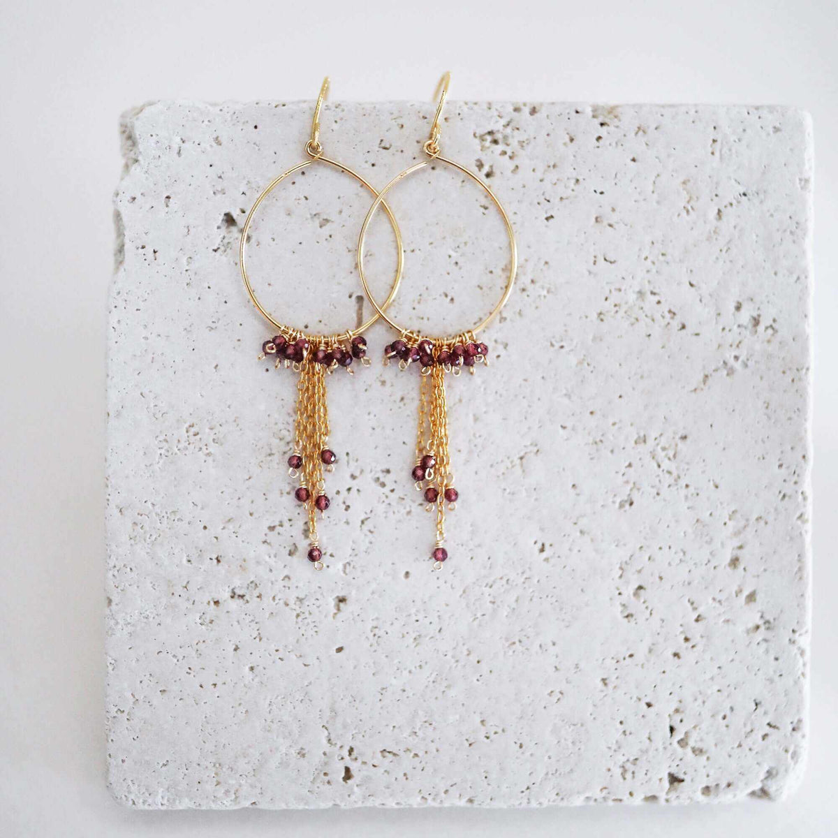 Aquamarine Mini Swing Hoop Earrings with delicate gemstone chains on lightweight 14k gold plated sterling silver hoops