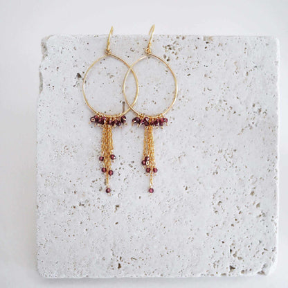 Aquamarine Mini Swing Hoop Earrings with delicate gemstone chains on lightweight 14k gold plated sterling silver hoops