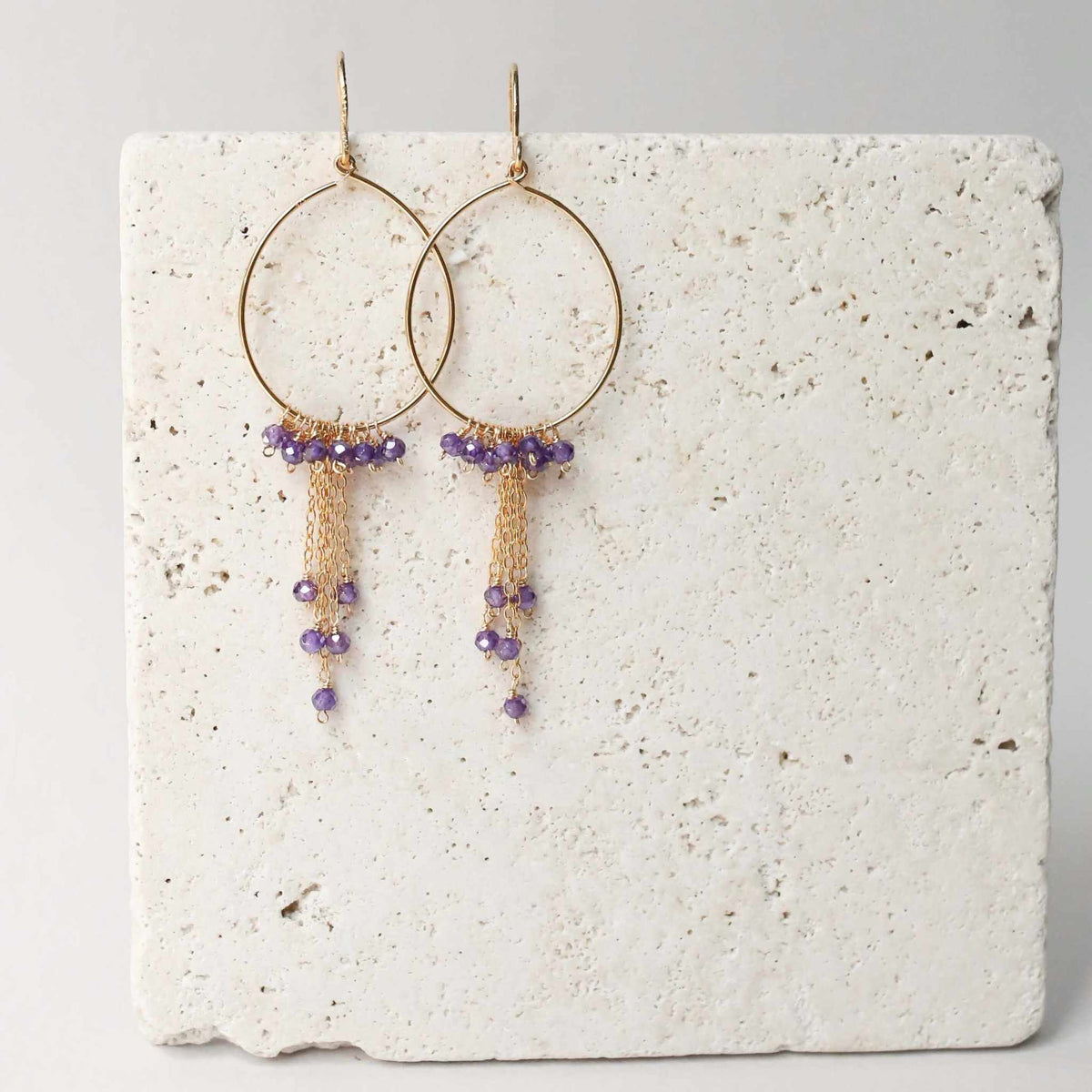 Aquamarine Mini Swing Hoop Earrings with delicate gemstone chains and 14k gold plated sterling silver hoops
