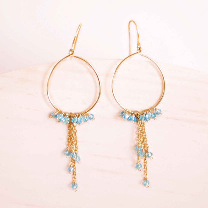 Aquamarine mini swing hoop earrings with delicate gemstone chains on gold plated sterling silver hoops