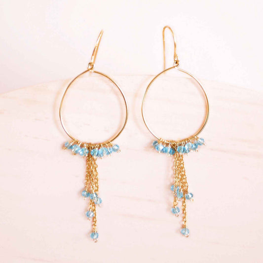 Aquamarine mini swing hoop earrings with delicate gemstone chains on gold plated sterling silver hoops