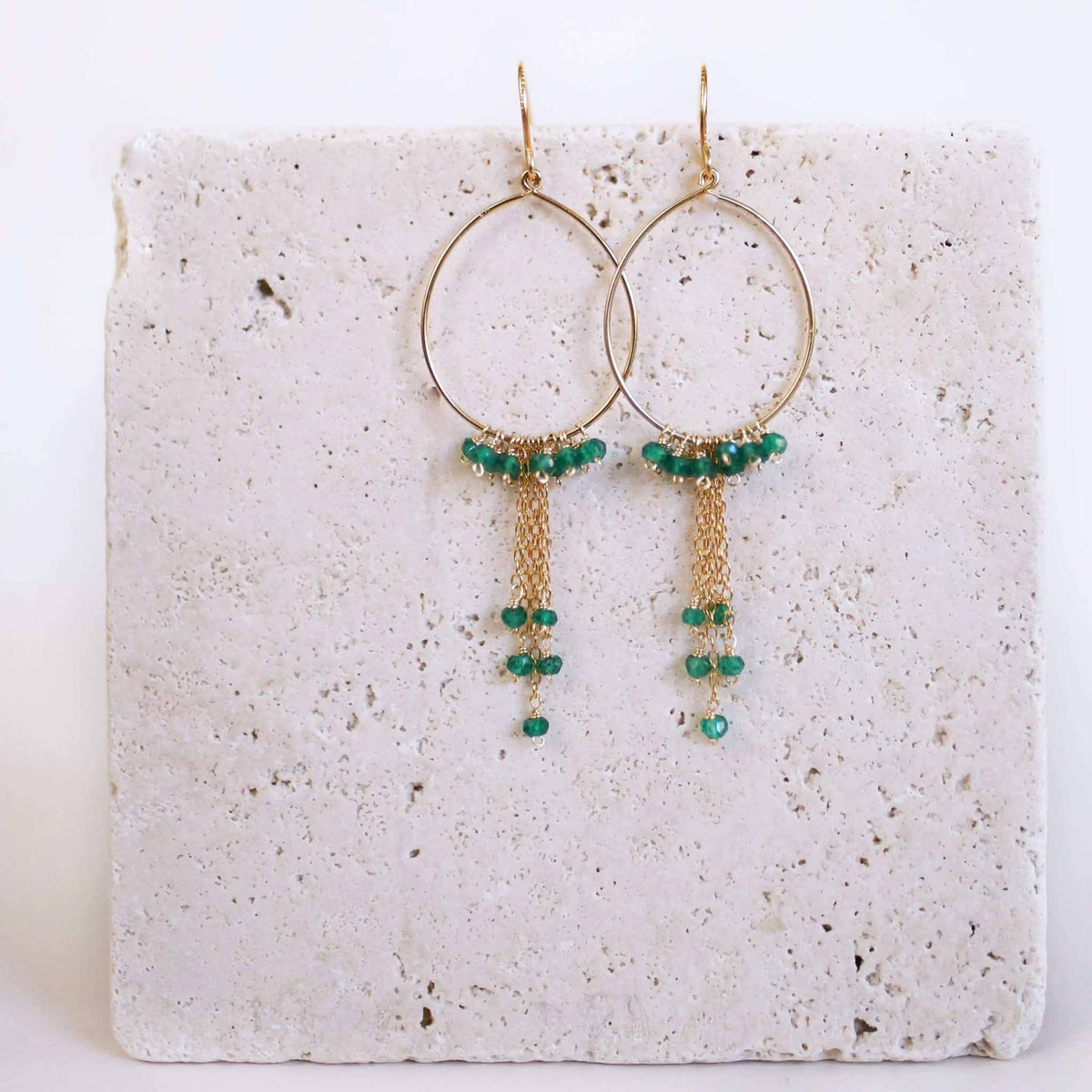 Aquamarine Mini Swing Hoop Earrings with delicate gemstone chains and 14k gold plated sterling silver hoops