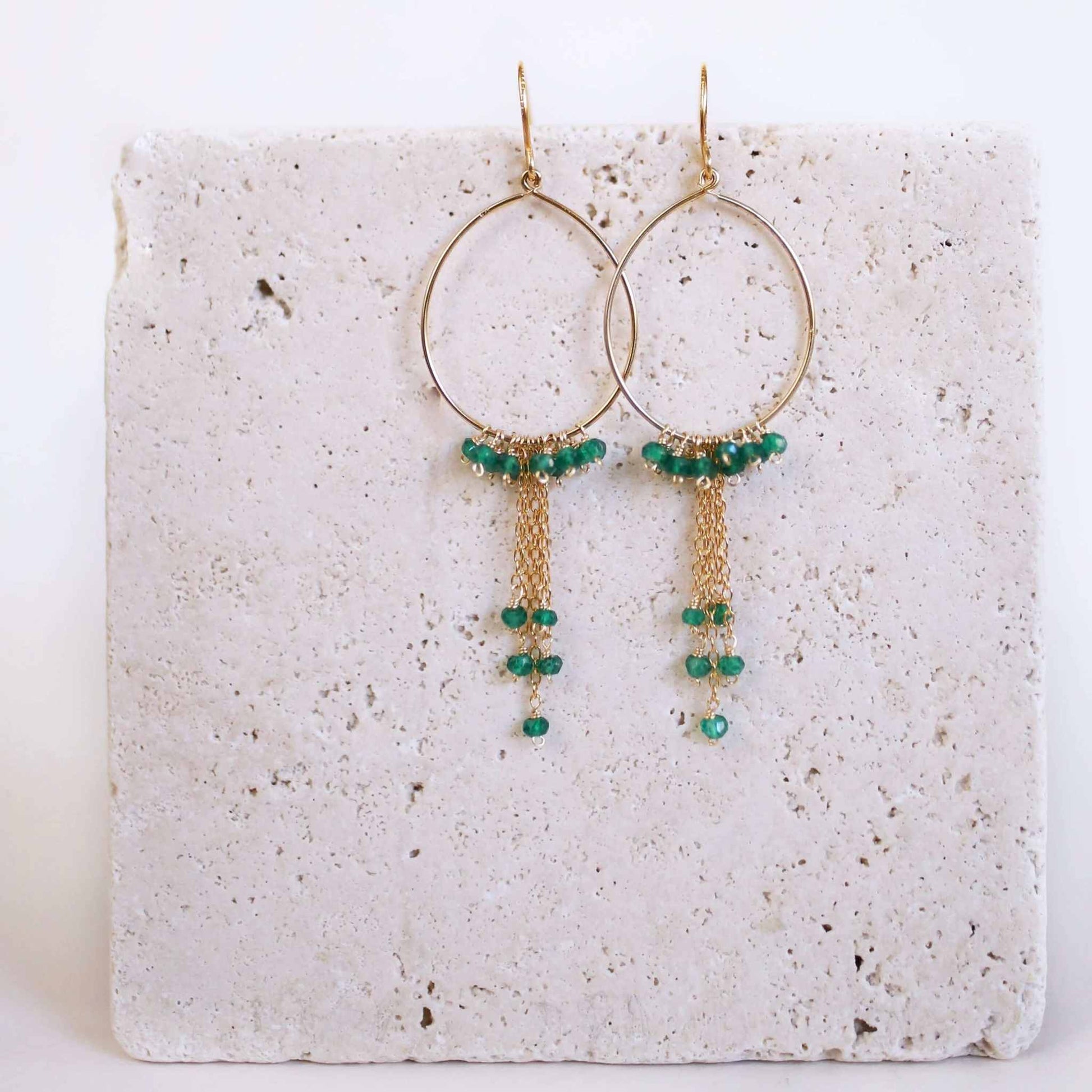 Aquamarine Mini Swing Hoop Earrings with delicate gemstone chains and 14k gold plated sterling silver hoops
