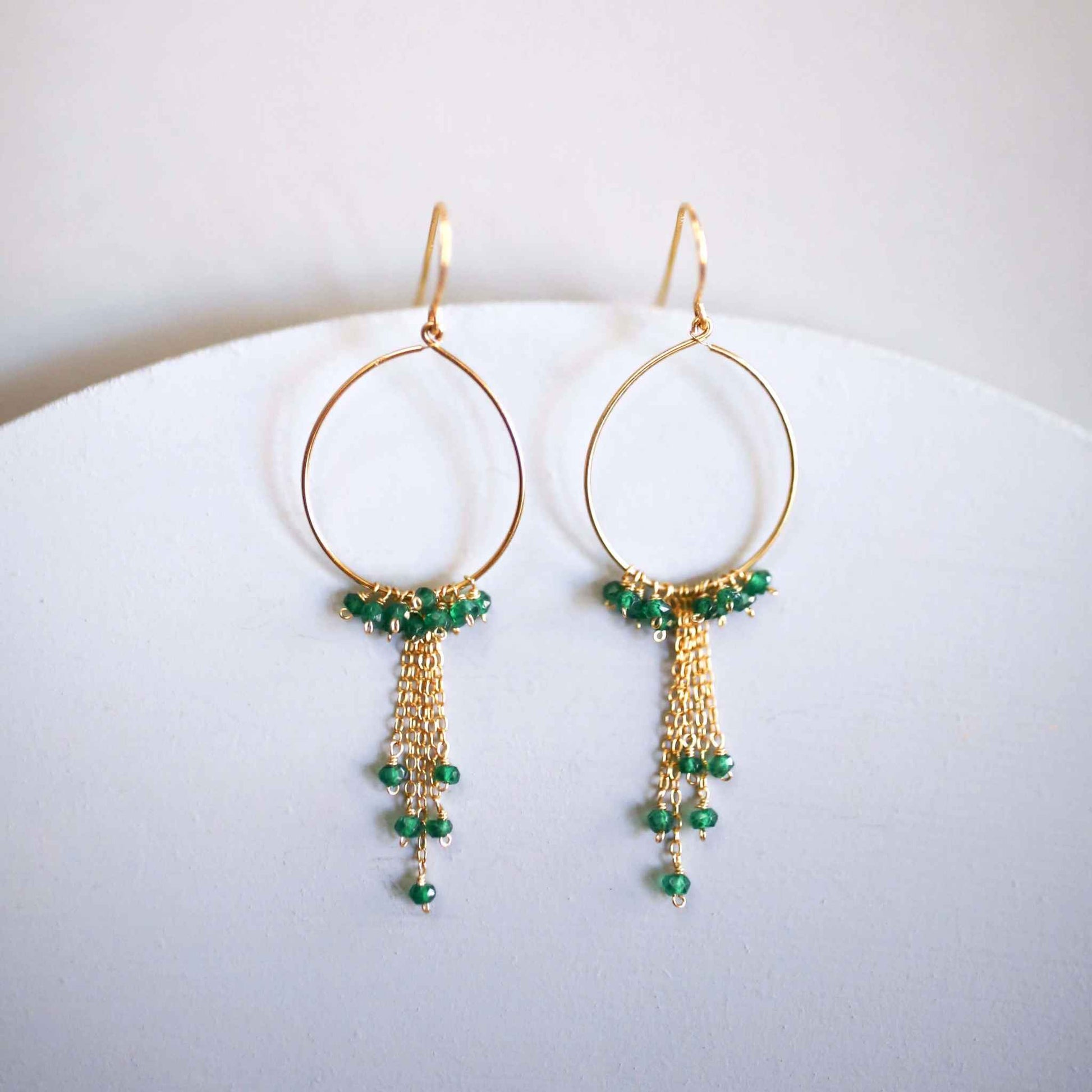 Aquamarine Mini Swing Hoop Earrings with delicate gemstone chains and gold plated sterling silver hoops