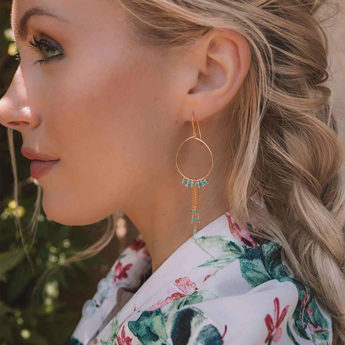 Aquamarine Mini Swing Hoop Earrings with delicate gemstone chains and 14k gold plated sterling silver hoops