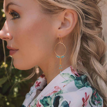 Aquamarine Mini Swing Hoop Earrings with delicate gemstone chains and 14k gold plated sterling silver hoops