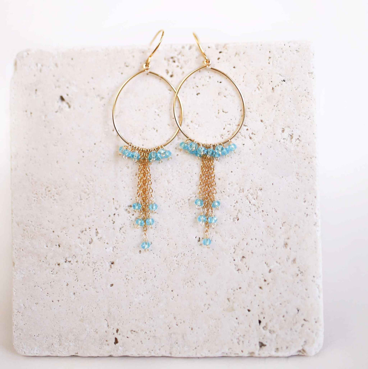 Aquamarine Mini Swing Hoop Earrings with delicate gemstone chains on lightweight 14k gold plated sterling silver hoops