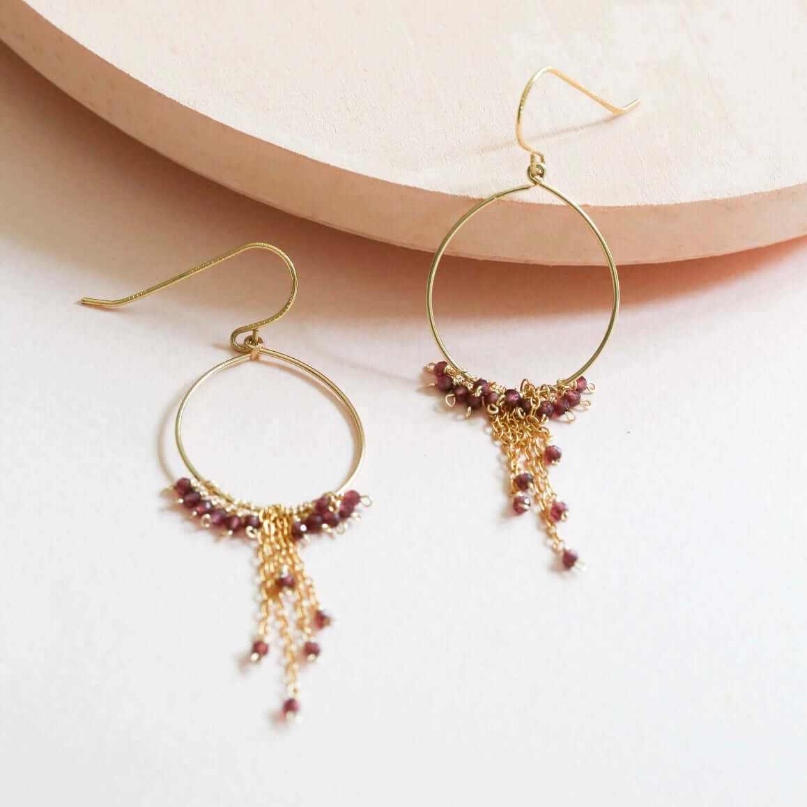 Aquamarine mini swing hoop earrings with delicate gemstone chains on gold plated sterling silver hoops