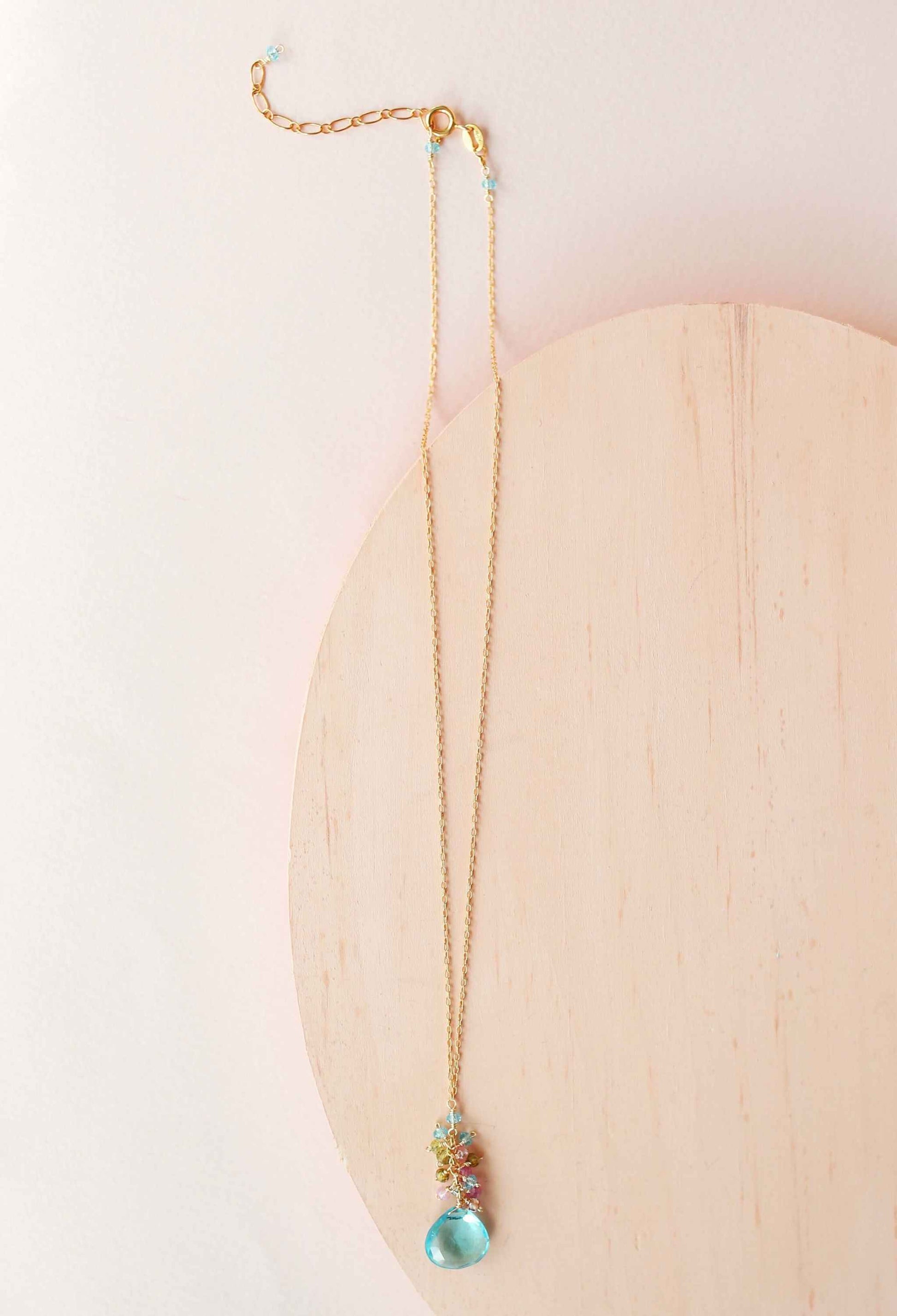 Aquamarine Quartz gold raindrop pendant necklace on gold chain