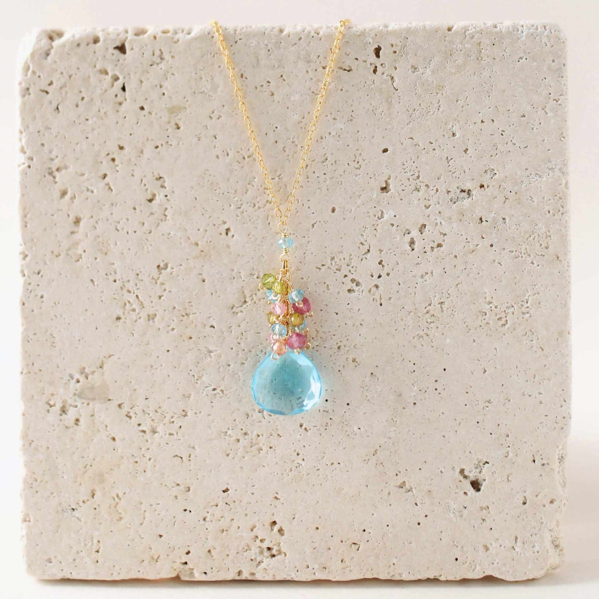 Aquamarine Quartz gold raindrop pendant necklace on 14k gold-plated sterling silver chain