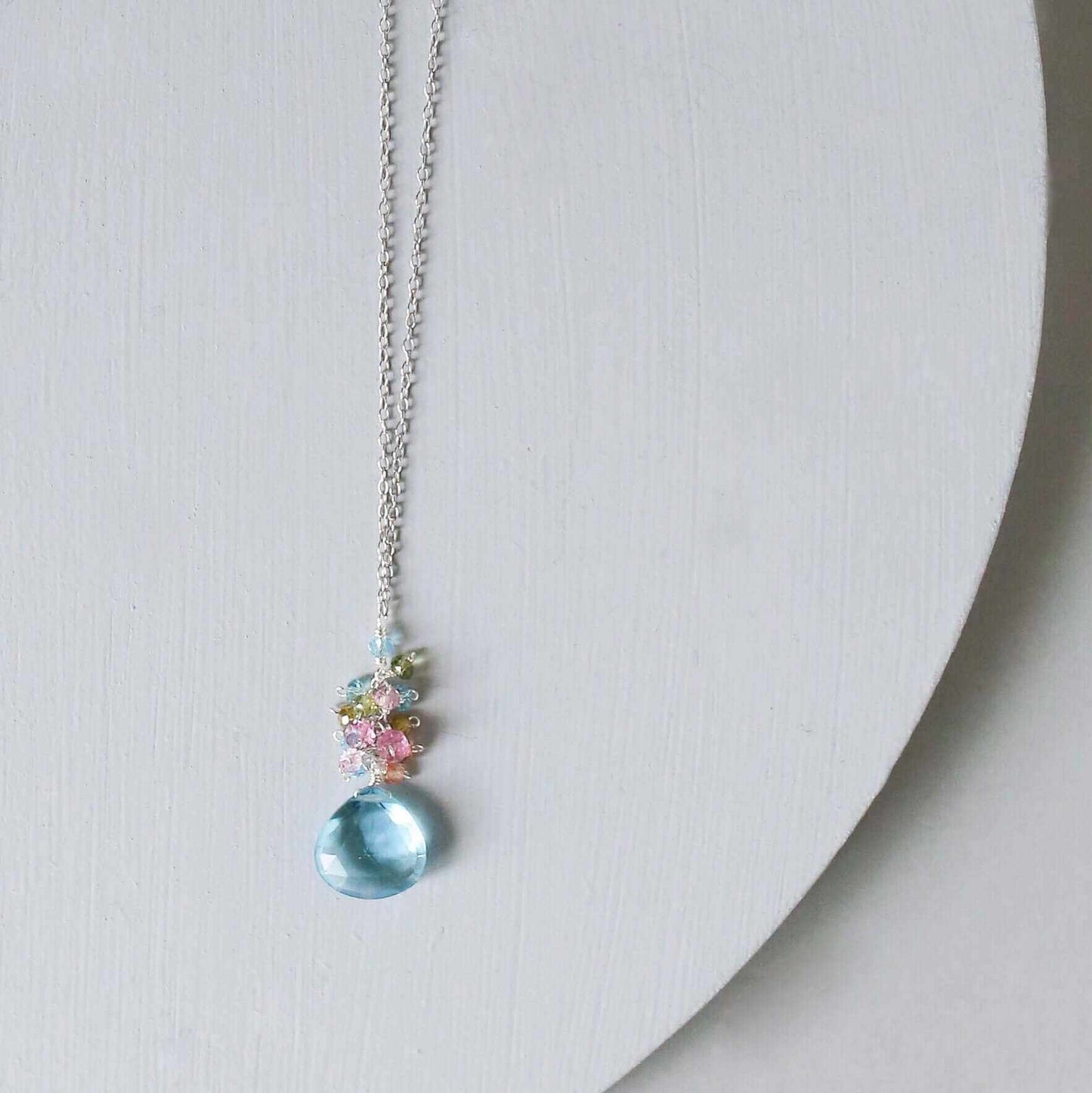 Aquamarine quartz gold raindrop pendant necklace with 14k gold plating and sterling silver chain