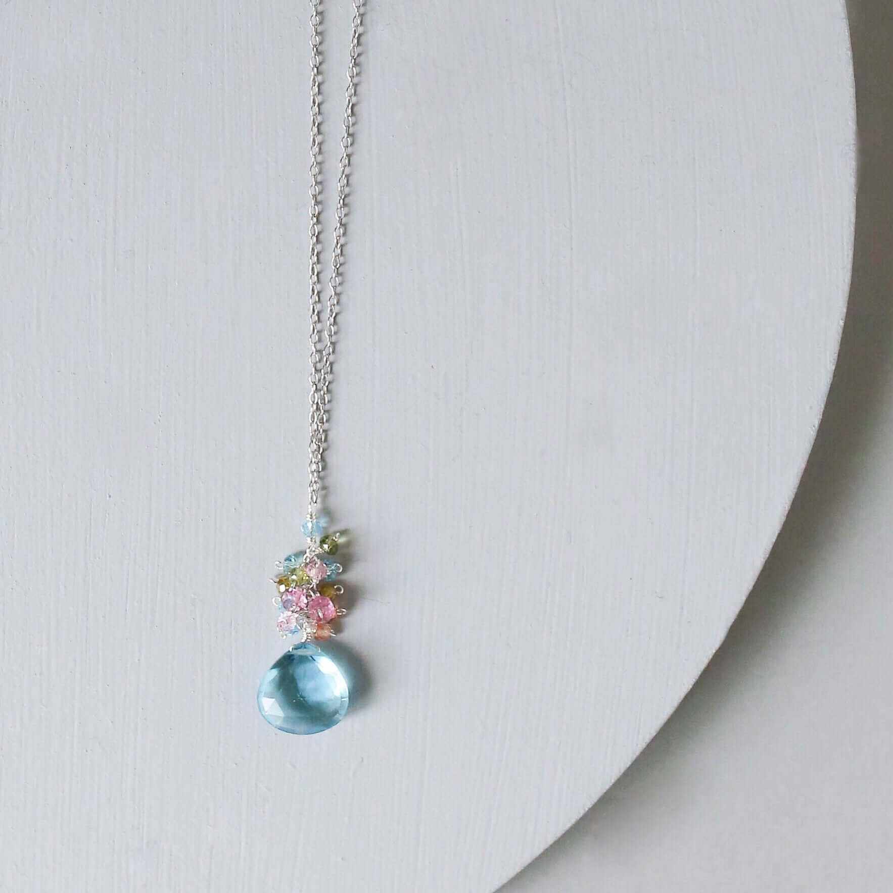 Aquamarine quartz gold raindrop pendant necklace with 14k gold plating and sterling silver chain