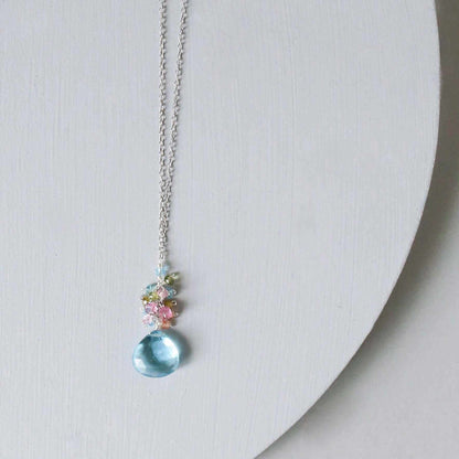 Aquamarine quartz gold raindrop pendant necklace with 14k gold plating and sterling silver chain