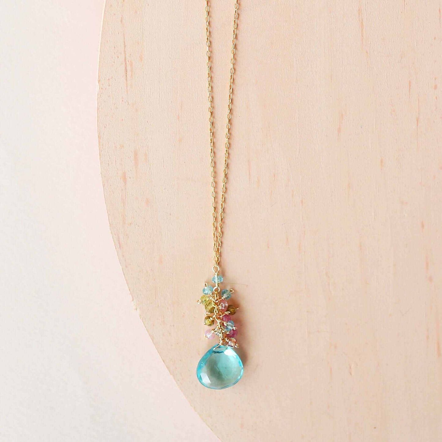 Aquamarine quartz pendant necklace with 14k gold plating and sterling silver chain
