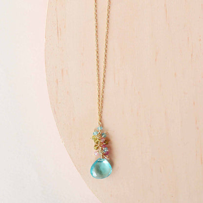 Aquamarine quartz pendant necklace with 14k gold plating and sterling silver chain