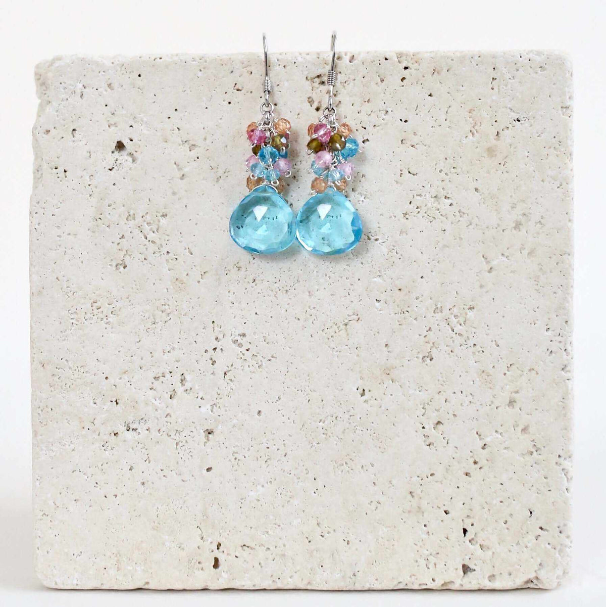 Aquamarine Quartz Silver Bala Earrings with pastel gemstone cluster on silver drop setting