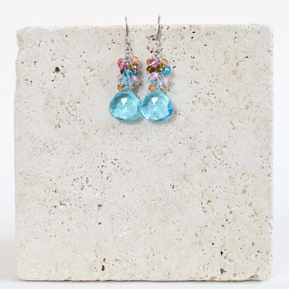 Aquamarine Quartz Silver Bala Earrings with pastel gemstone cluster on silver drop setting