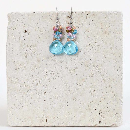 Aquamarine Quartz Silver Bala Earrings with pastel gemstone cluster on silver drop setting