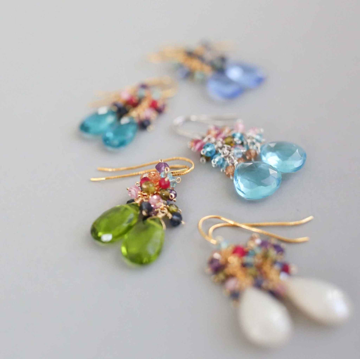 Aquamarine Quartz Silver Bala Earrings with aqua blue quartz and pastel gemstone clusters on rhodium plated sterling silver drops