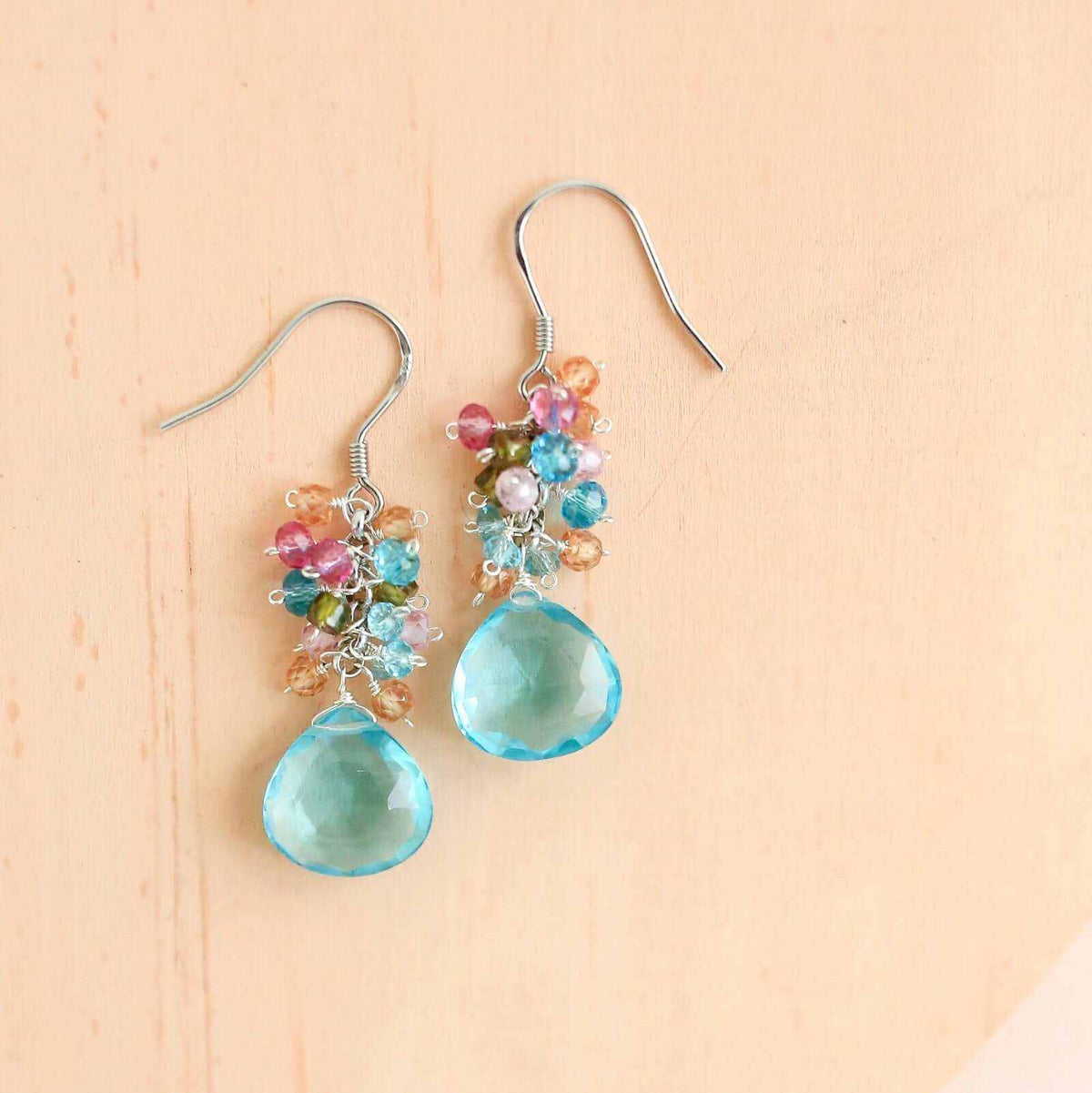 Aquamarine Quartz silver drop earrings with pastel gemstone cluster on sterling silver French hooks