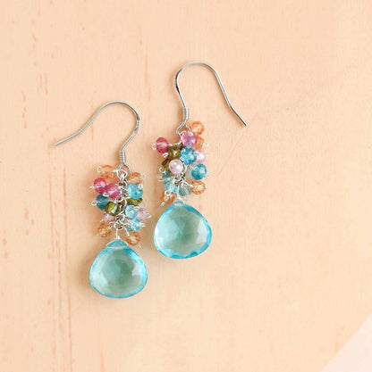 Aquamarine Quartz silver drop earrings with pastel gemstone cluster on sterling silver French hooks