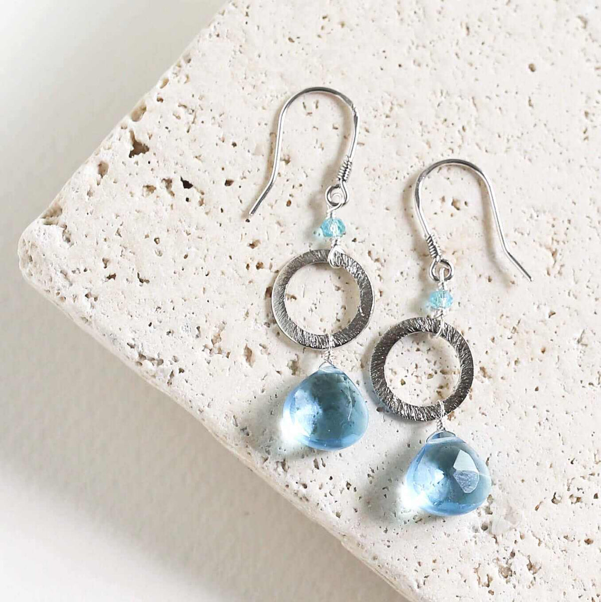 Aquamarine quartz silver earrings with French hooks and rhodium plated sterling silver