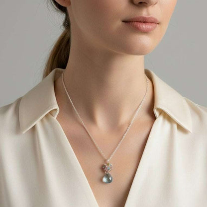Aquamarine Quartz silver raindrop cluster necklace with sterling silver chain and spring ring clasp