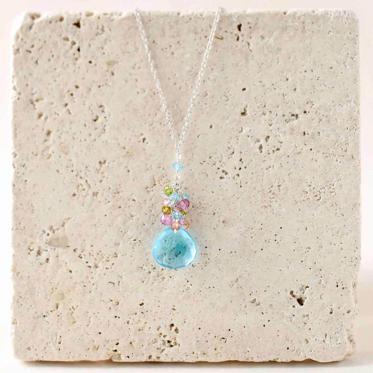 Aquamarine Quartz silver raindrop cluster necklace with sterling silver chain