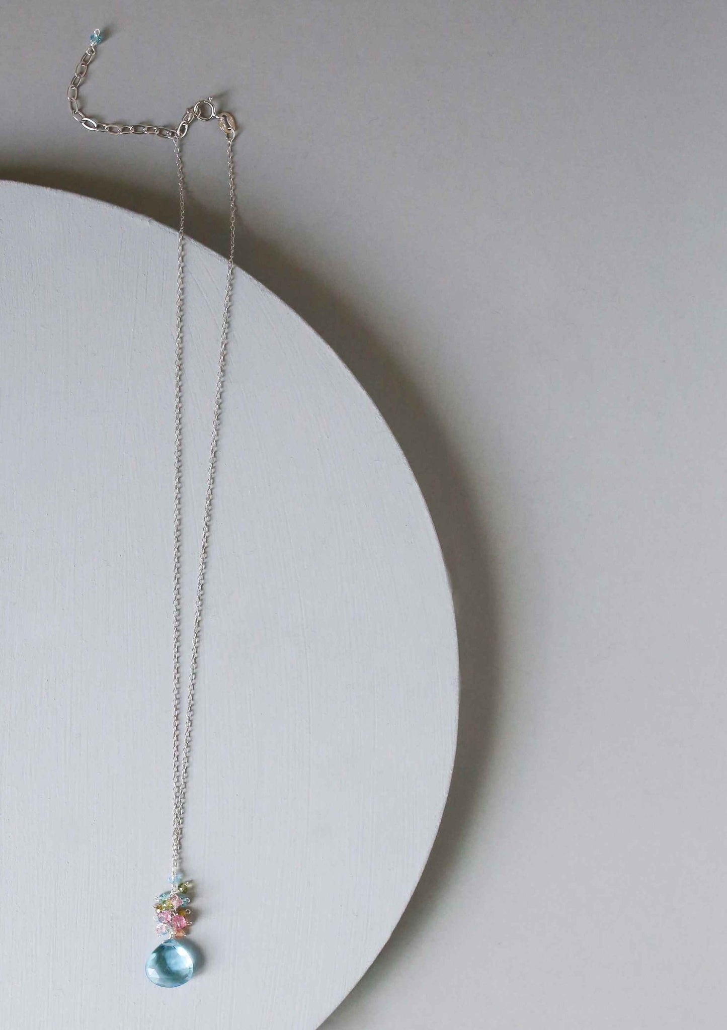 Aquamarine Quartz raindrop cluster necklace in sterling silver with 16-18 inch chain and spring ring clasp
