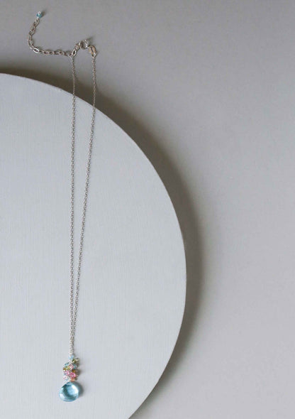Aquamarine Quartz raindrop cluster necklace in sterling silver with 16-18 inch chain and spring ring clasp