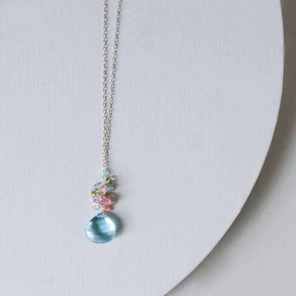 Aquamarine Quartz silver raindrop cluster necklace with sterling silver chain