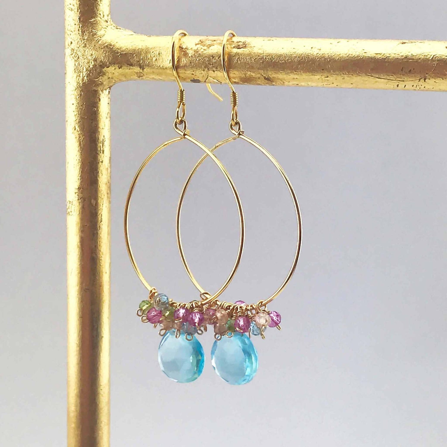 Gold vermeil swing earrings with aquamarine quartz stones and delicate French hooks