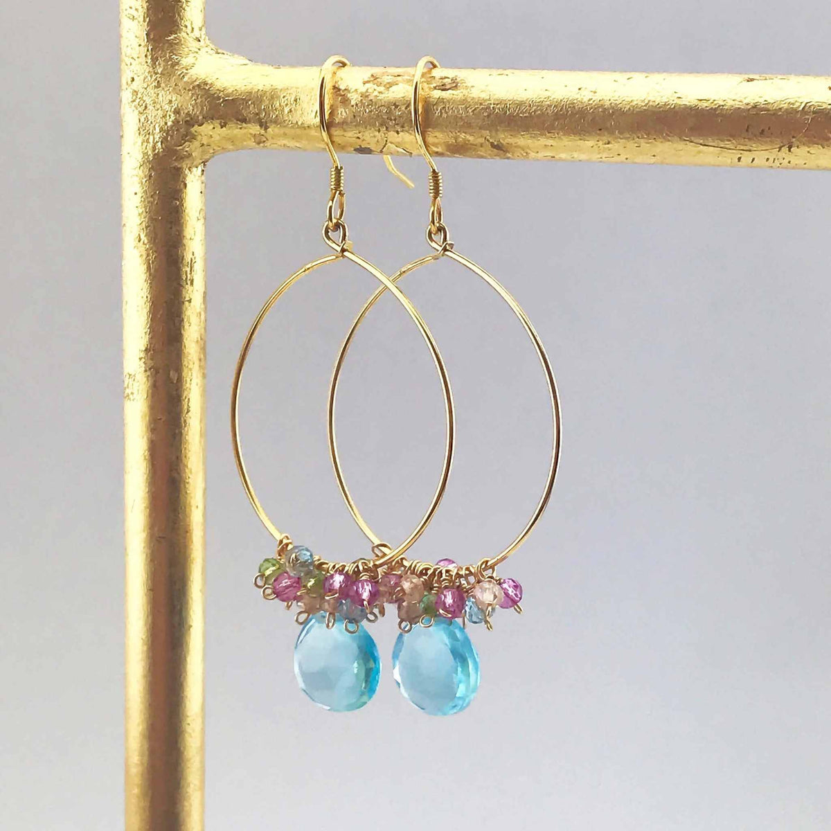 Gold vermeil swing earrings with aquamarine quartz stones and delicate French hooks