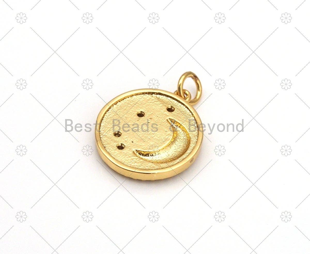 Enamel Grey Cresent Moon Star On Round Coin Shape Pendant,18K Gold Filled CZ Micropave Charm,Necklace Bracelet Charm,16x18mm,Sku#Y537