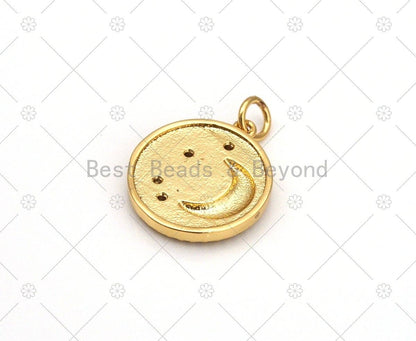 Enamel Grey Cresent Moon Star On Round Coin Shape Pendant,18K Gold Filled CZ Micropave Charm,Necklace Bracelet Charm,16x18mm,Sku#Y537