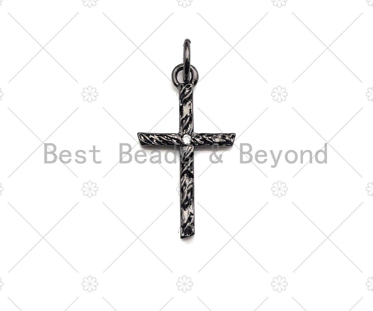 CZ Micro Pave Texturized Cross Shape Pendant/Charm, Cross Cubic Zirconia Pendant, Silver/Gold/Rose Gold/Black Tone, 11x20mm, Sku#Y279