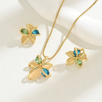 Niche Literary Vintage Elegant Women Jewelry Set, Baroque Floral Design Inlaid Synthetic Gemstone, Matching Stud Earrings & Clavicle Chain