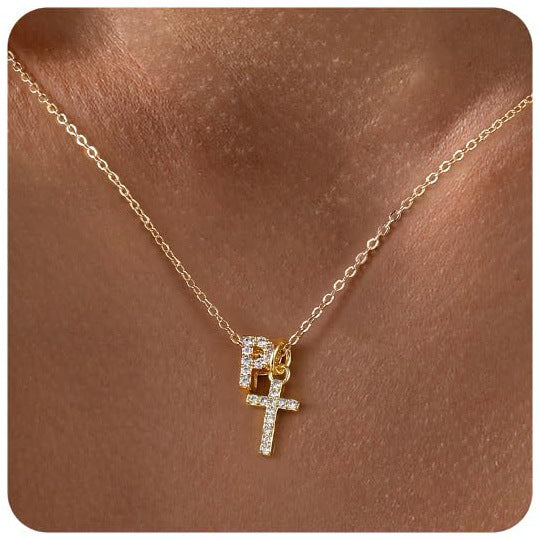 Zircon Inlaid 26 Letter Cross English Necklace
