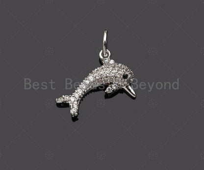 CZ Micro Pave Dolphin Shape Pendant/Charm, Bracelet Necklace CZ  Dolphin Pendant Charm, Real Gold Plated Charm, 14x10mm,Sku#Y370