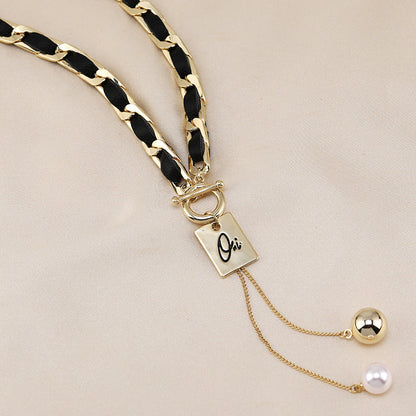PU Leather Metal Chain Choker Necklace For Women, Titanium Steel Square Tag Pearl Tassel Short Collarbone Chain, Dainty Retro Fashion Jewelry