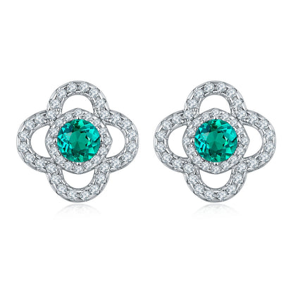 S925 Sterling Silver Clover Stud Earrings, 3.5mm Lab-Grown Emerald, Platinum Plated 2g Lightweight Women's Jewelry Gift Box