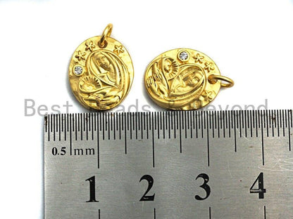 CZ Micro Pave Oval With Virgin Mary and Baby Jesus Pendant,Cubic Zirconia Oval Charm, Silver/Gold Pendant,12x14mm,sku#Y213