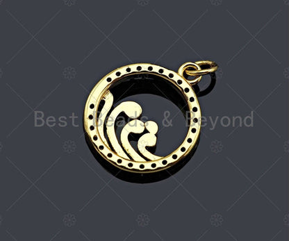 CZ Micro Pave Spindrift On Round Ring Pendant/Charm,Cubic Zirconia Water Wave Charm, Necklace Bracelet Charm Pendant,13x14mm, Sku#Y397