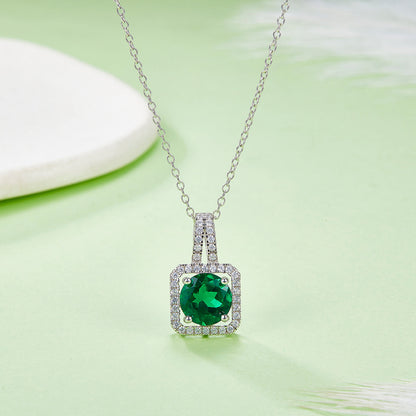 S925 Sterling Silver 2ct Lab-Grown Ruby Emerald Pendant Necklace, Platinum Plated Square Halo With Split Pave Bail, Women's Fine Jewelry Gift Box