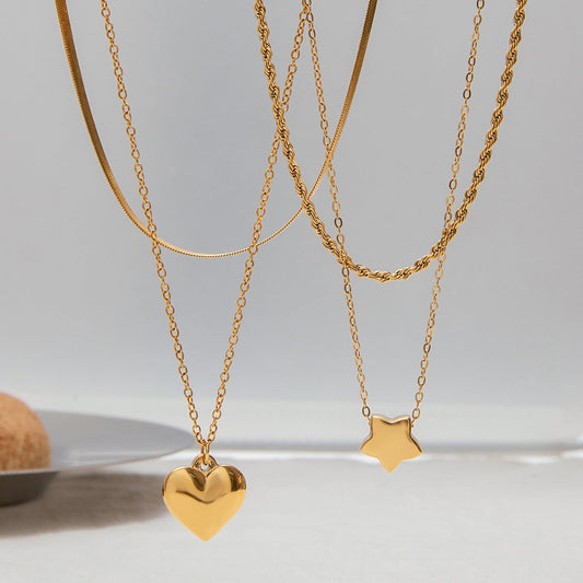 18K Gold Double Chain With Heart/star Design Exquisite Simple Necklace