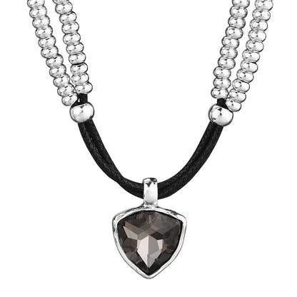 Two Layer Silver Bead Black Wax Cord Choker, Smoky Grey Heart Cubic Zirconia Punk Necklace, Y2K Cool Jewelry For European Spanish Women